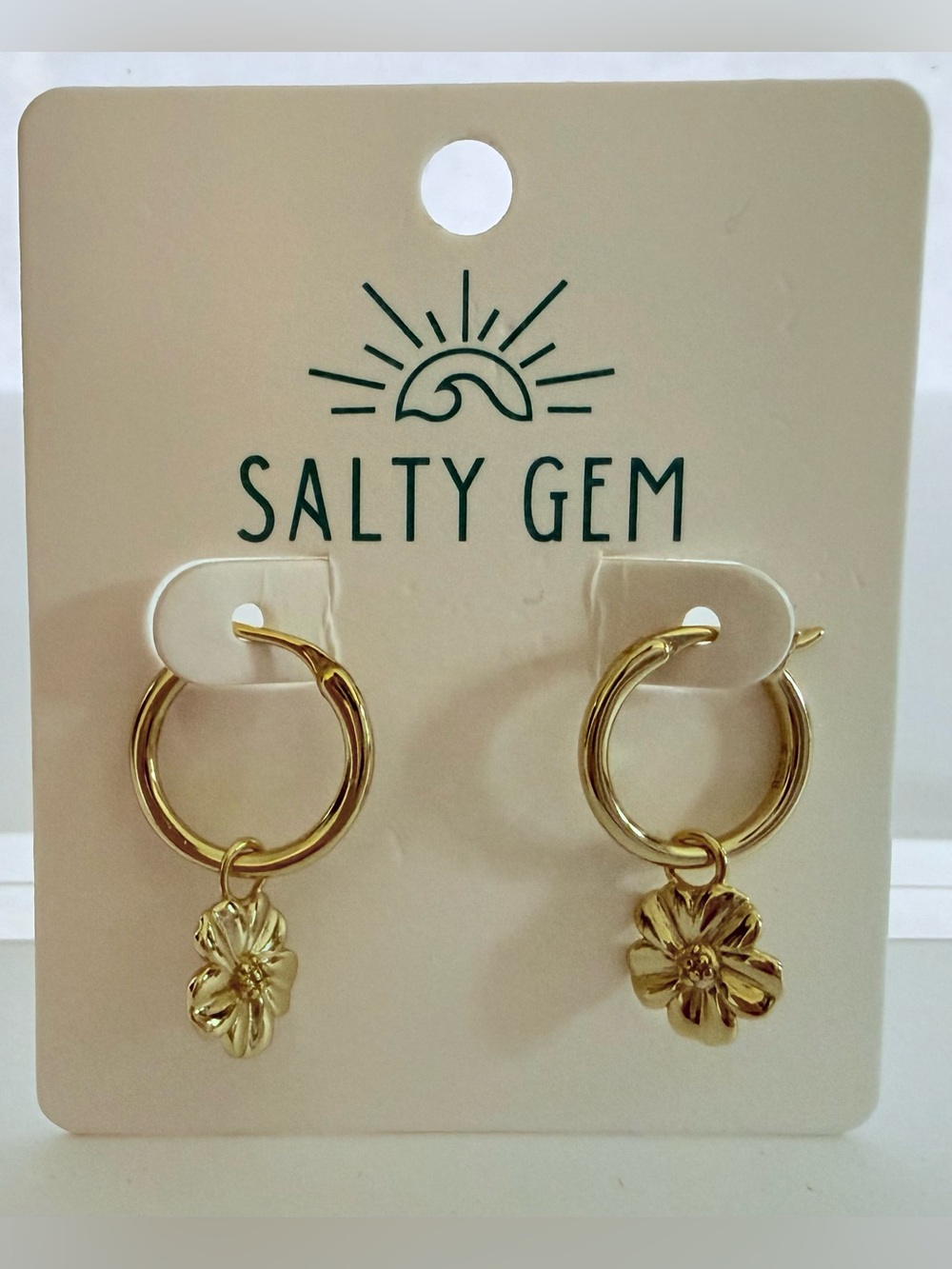 NWT Salty Gem Flor Gold Hoop Earrings Flower Charm Sterling Silver Base